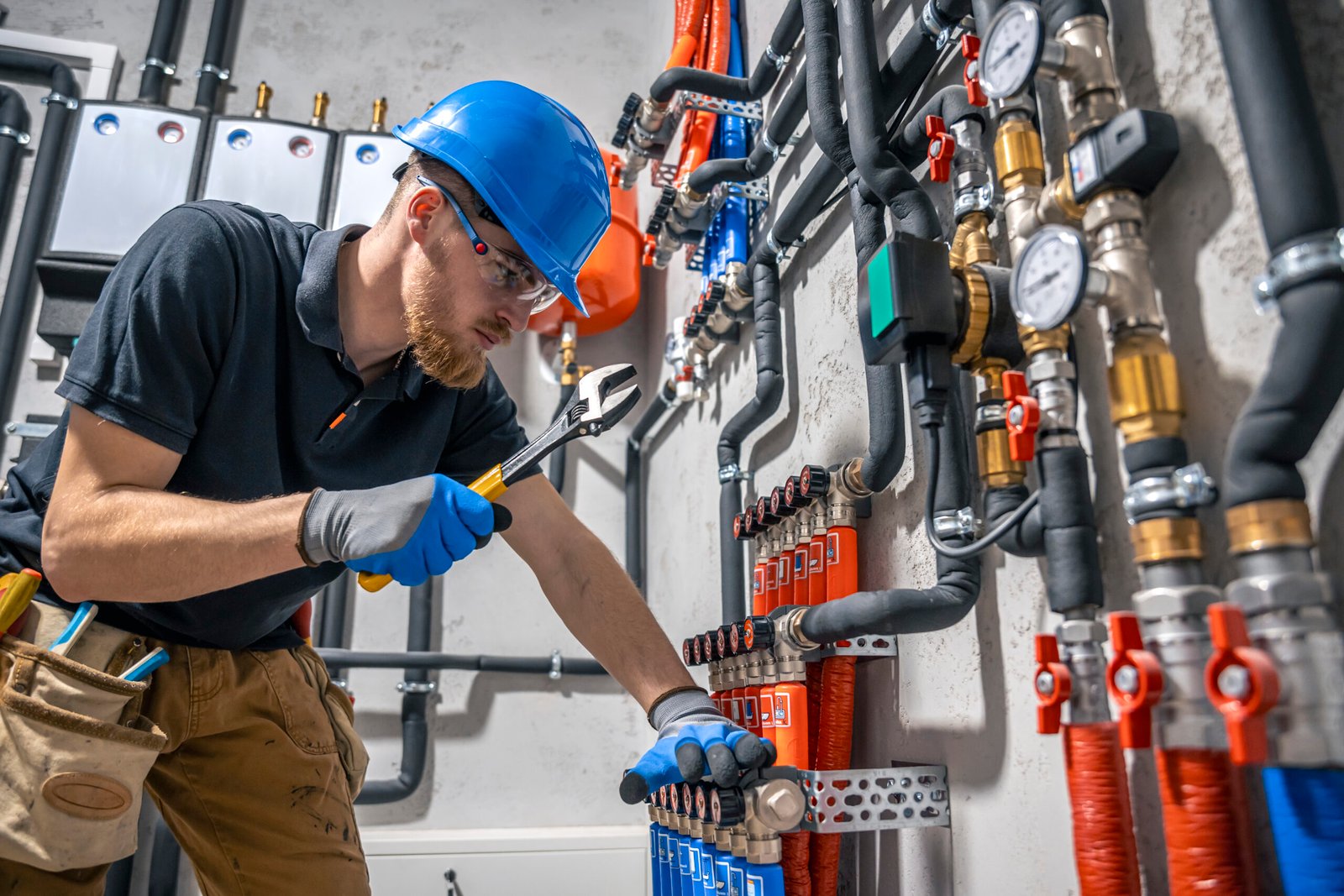 The technician checking the heating system in the boiler room. Adjusting heating valves in a residential building. A plumbing and heating technician works.